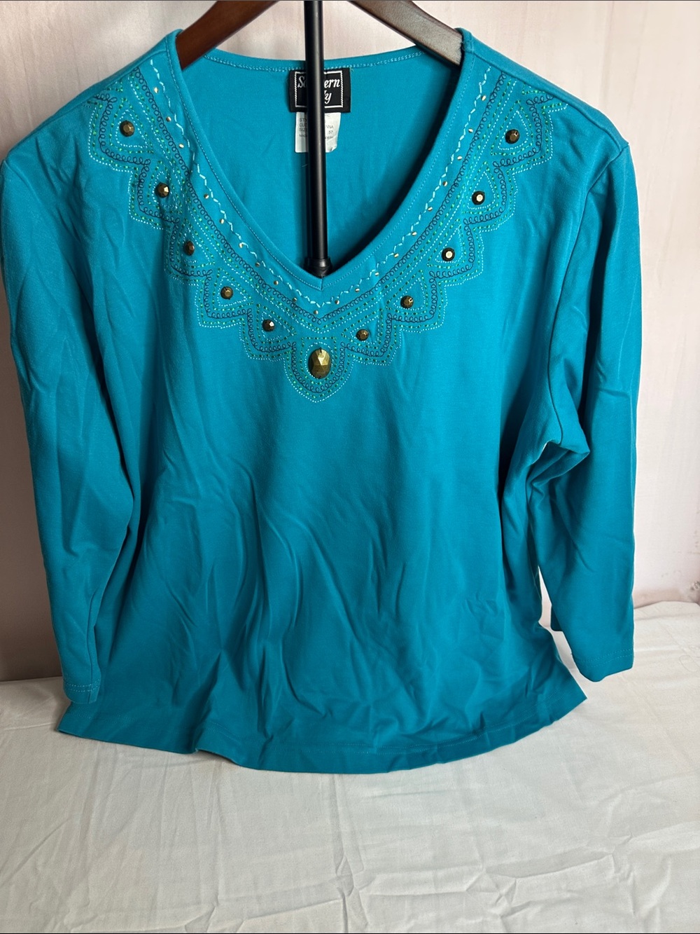 Southern Lady Teal V-Neck Embellished 3/4 Sleeve Women's Top
